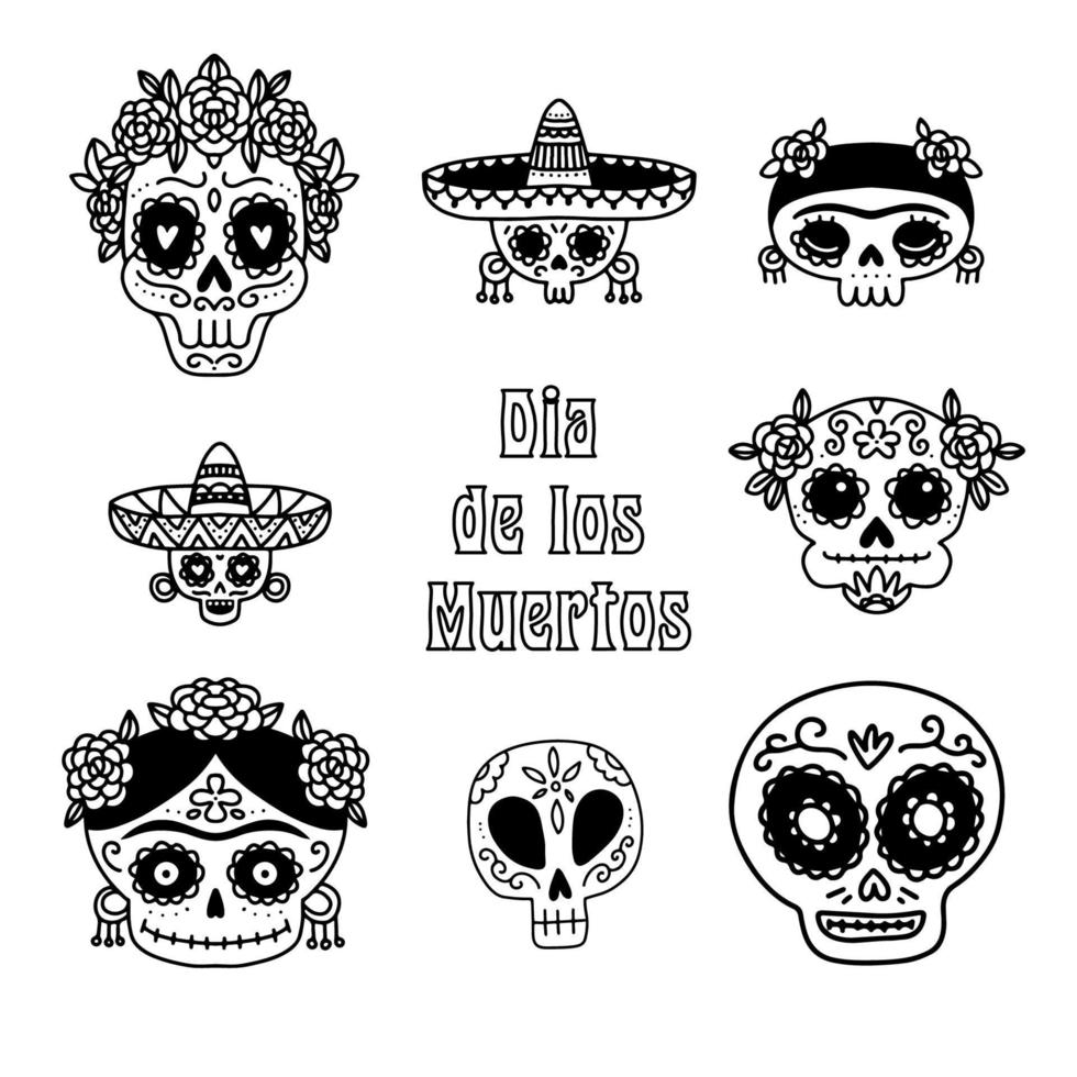 mexicano azúcar cráneo colocar, dia Delaware los muertos íconos colección en garabatear estilo. calaveras con flores y sombrero negro y blanco mano dibujado vector ilustración.