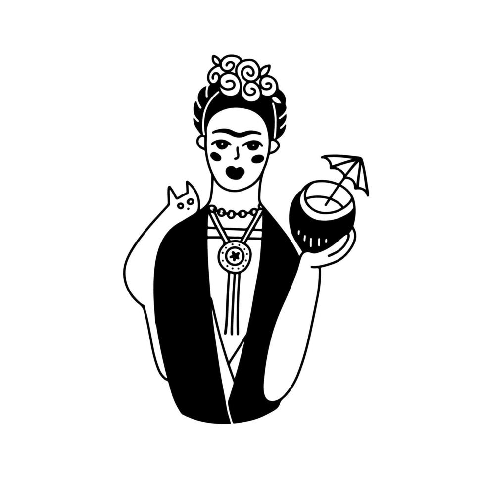 linda frida impresión en tradicional mexicano ropa en negro y blanco garabatear estilo, mujer con guirnalda de flores en cabeza. Coco cóctel en su manos. vector aislado lineal ilustración