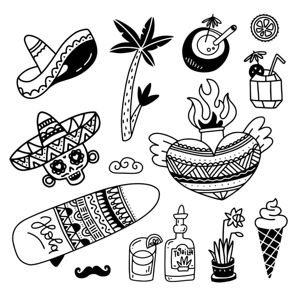 Mexican culture icons set in drawn linear doodle style. Silhouette symbols for Cinco de mayo festival. Collection of black vector elements - hat, skull, sacred heart, drink. Free hand illustration.