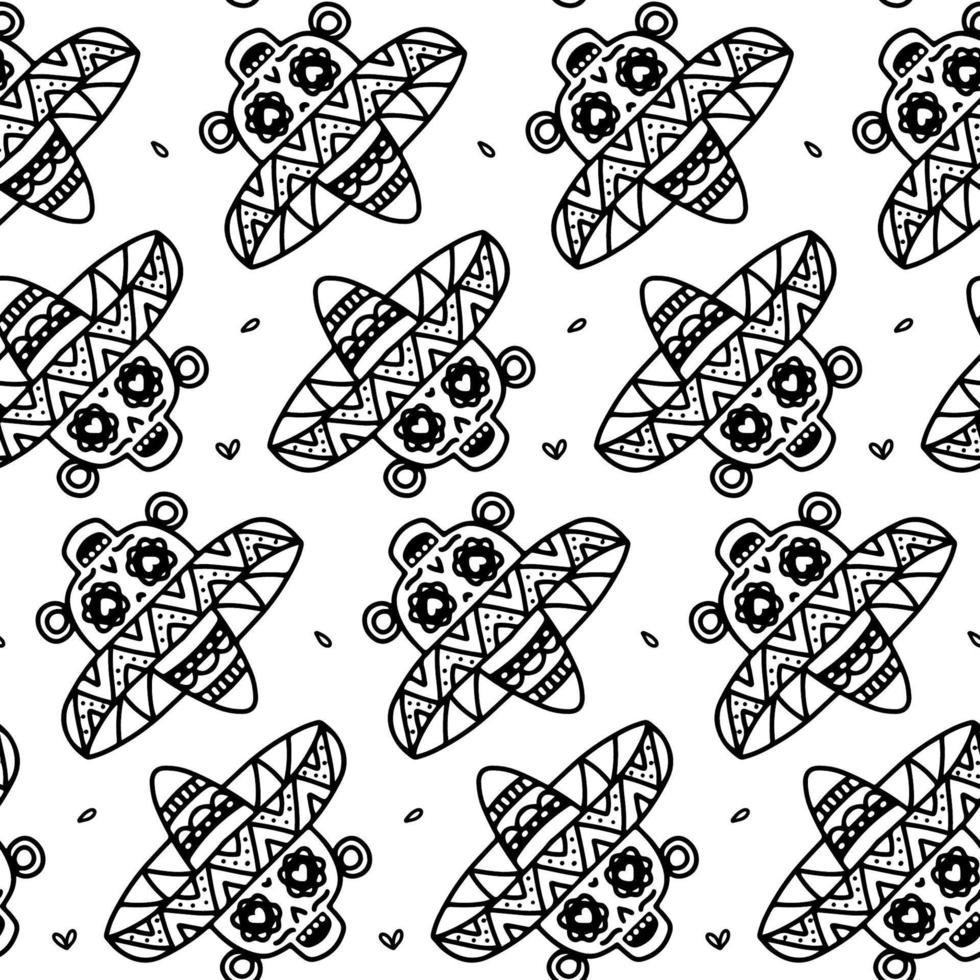 Seamless pattern for day of the dead in mexico, drawing in doodle style. Black on white Cheerful painted skulls in a sombrero. El Dia de Muertos. Vector hand drawn illustration.