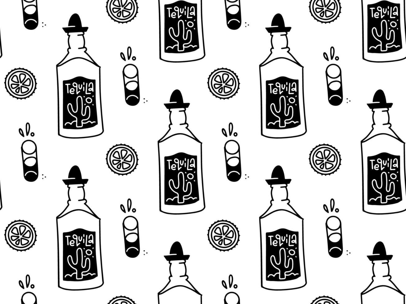 Cinco de Mayo seamless pattern with doodle style Mexican symbols - tequila bottle, glass, lime. Linear hand drawn balck and white Sketch. For wallpaper, web page background. Vector illustration.