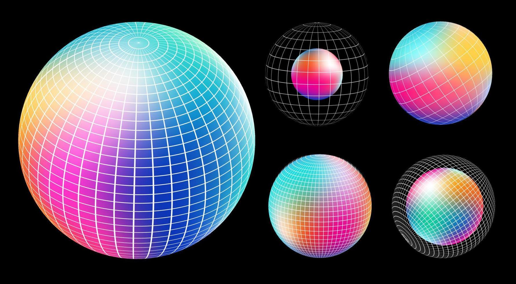 Gradient Spherical Grid set, holographic vibrant round icon. Multicolor buttons can be used in banner, social media, web, as design element. vector