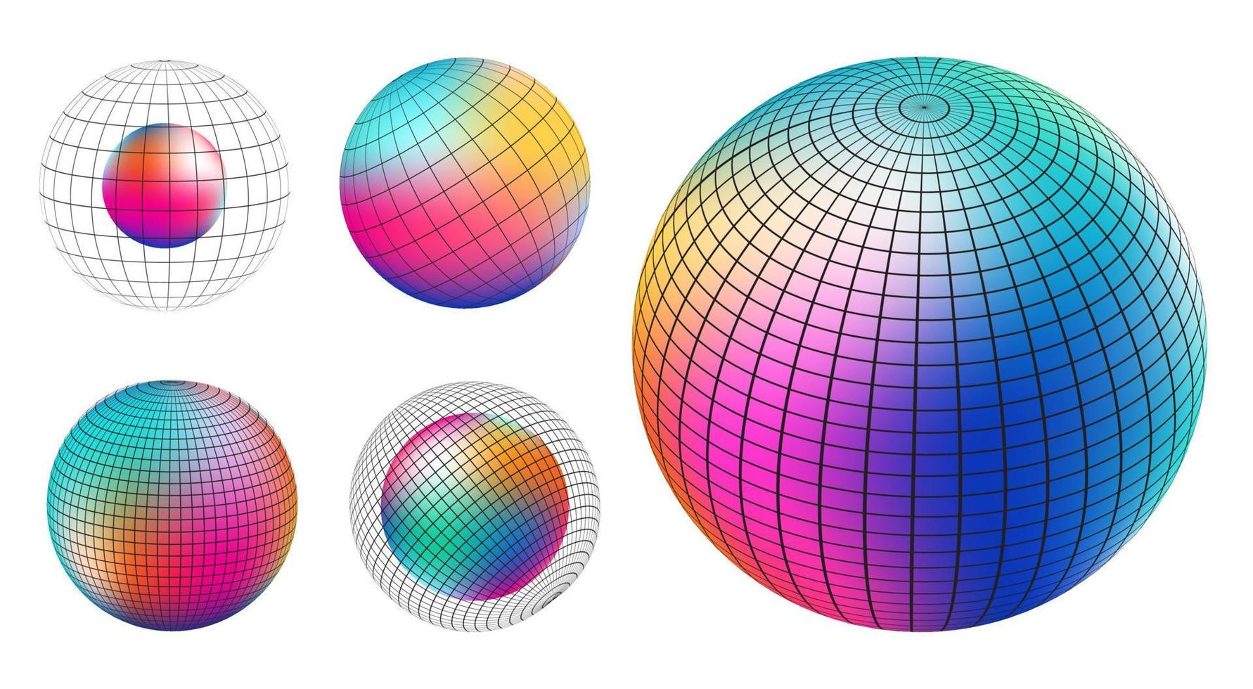 degradado esférico cuadrícula colocar, holográfico vibrante redondo icono. multicolor botones lata ser usado en bandera, social medios de comunicación, web, como diseño elemento. vector