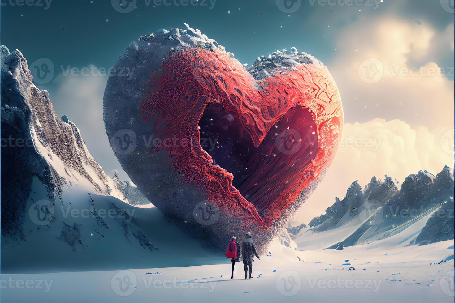 illustration of a blizzard of love. Couple kissing in snow. Big heart. Love and valentine day concept. Neural network generated art. Digitally generated image. photo