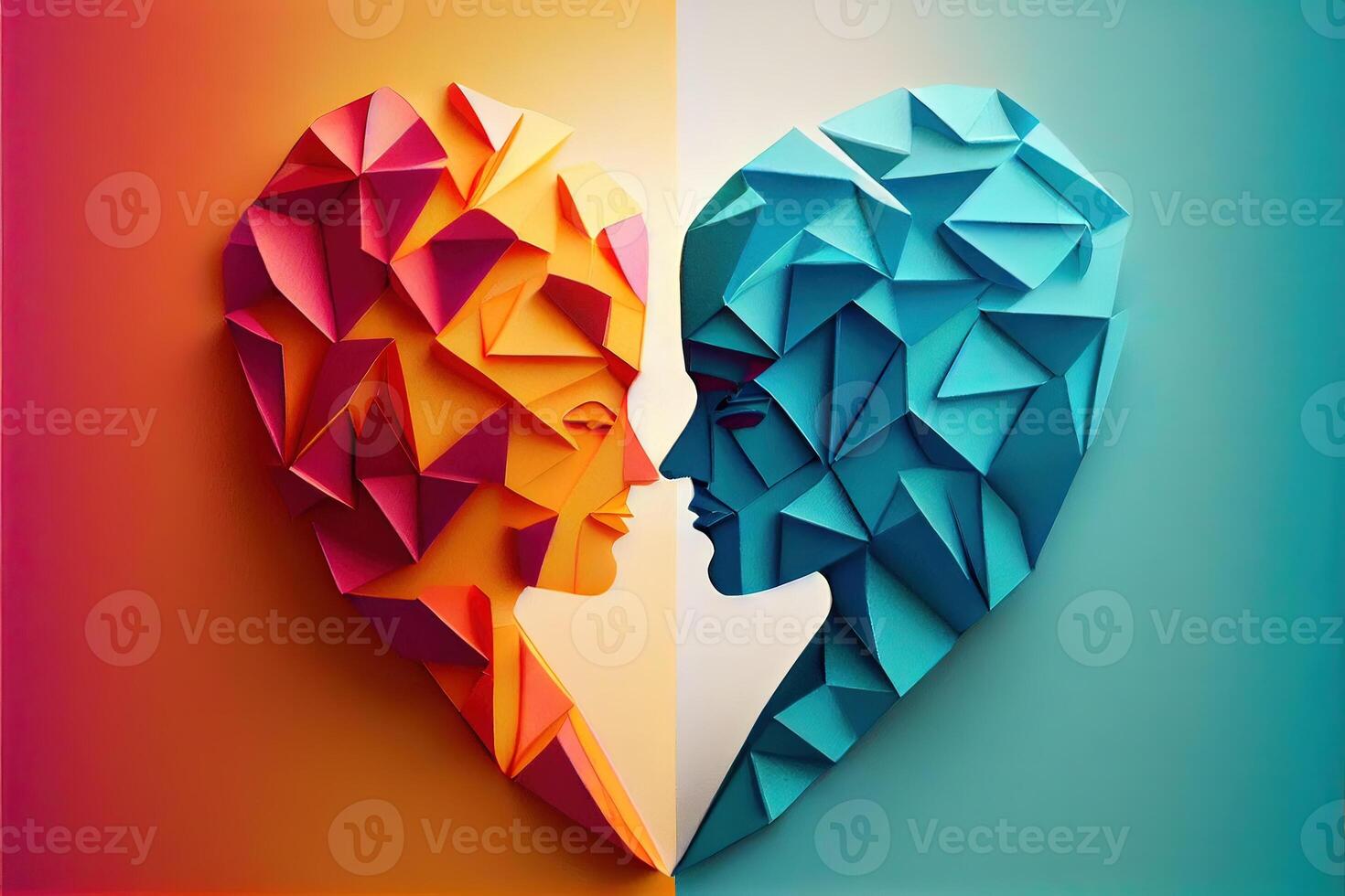 illustration of origami Valentine day background, happy couple, colorful. Paper cut craft, 3d paper style. Neural network generated art. Digitally generated image photo