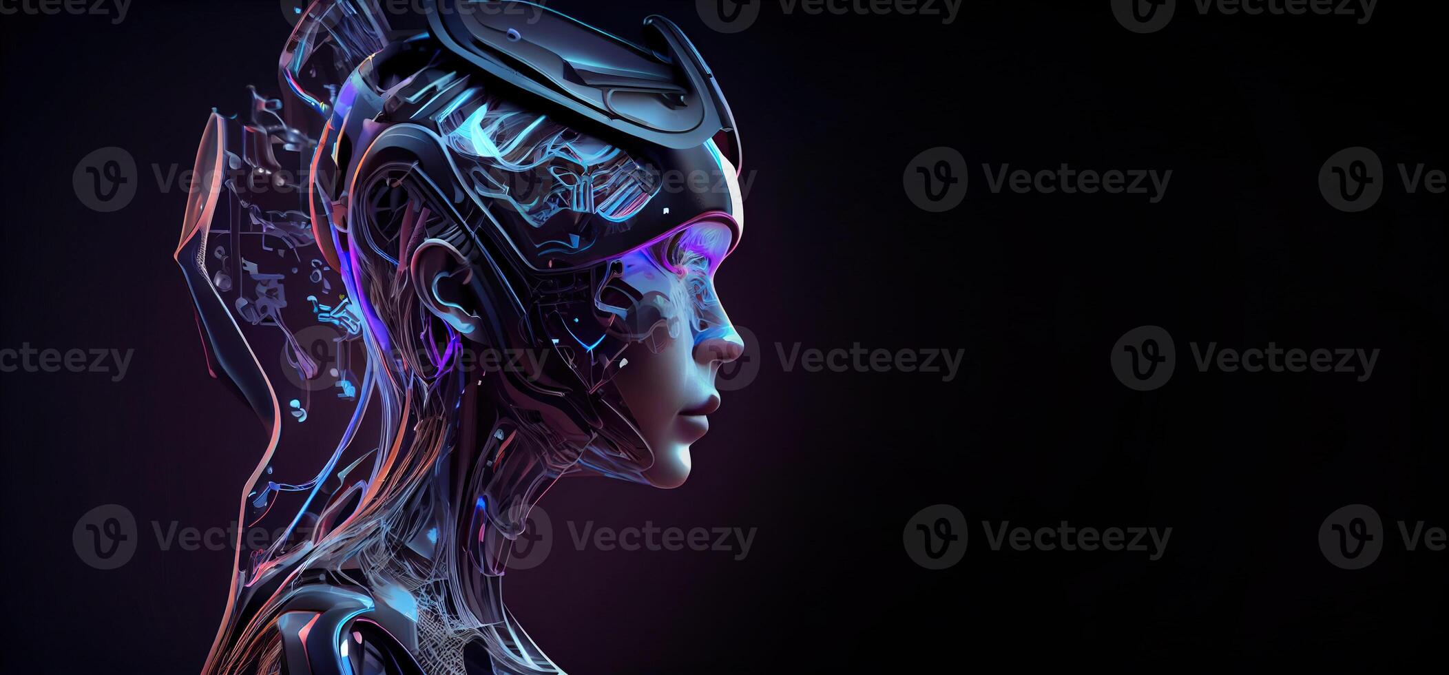 illustration of Metaverse concept and virtual world elements. Side view of human face in augmented or virtual reality headset inside the metaverse photo