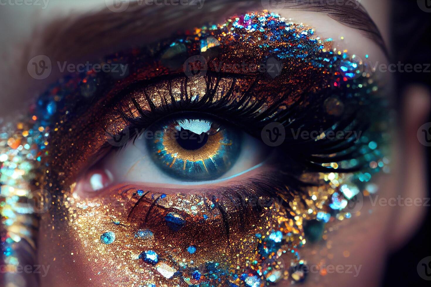 generativo ai ilustración de hermosa hembra ojos con carnaval vaso brillante sombra. cerca enfocar. foto