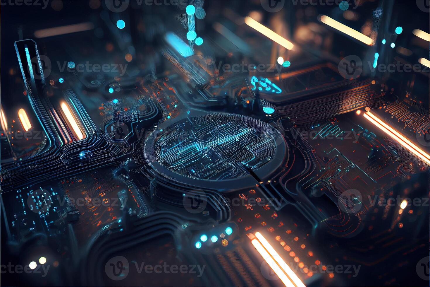 illustration of macro shot of circuit cyberspace board with computer motherboard component microchip with chip structure. Neural network generated art. photo