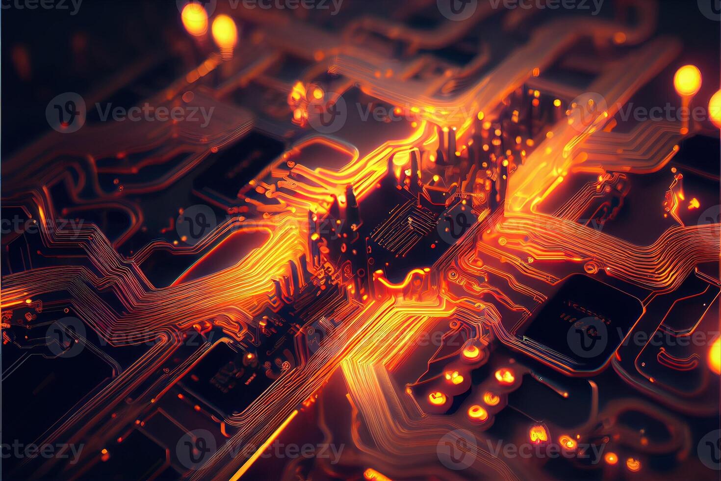illustration of macro shot of circuit cyberspace board with computer motherboard component microchip with chip structure. Neural network generated art. photo