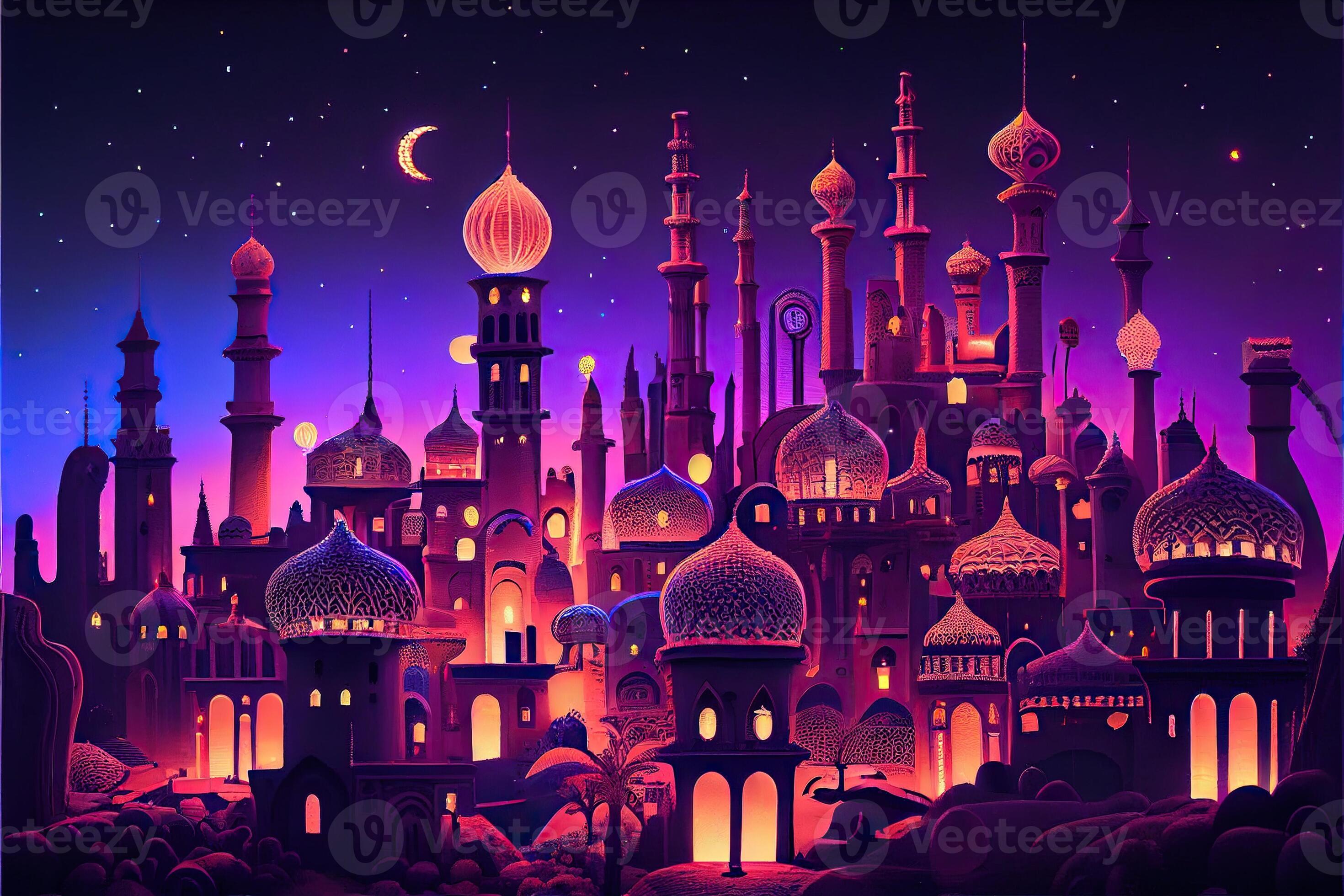 Generative AI illustration of Fairy - tale Arabian night city with towers  and mussels. Night neon oriental city. Fantasy urban arabic landscape  22700654 Stock Photo at Vecteezy