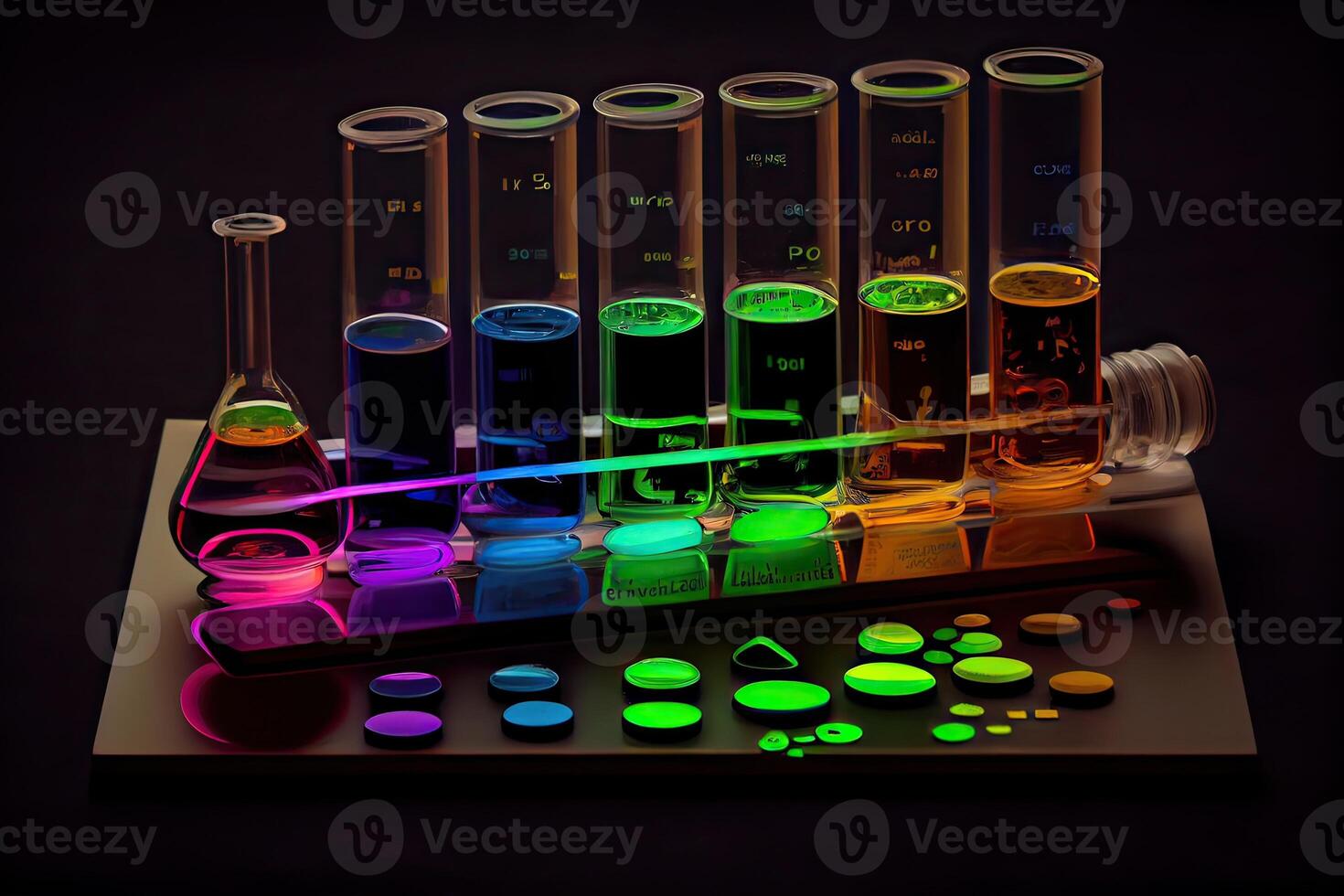 illustration of the periodic chart are test tubes and flasks used in laboratories with colored liquids photo
