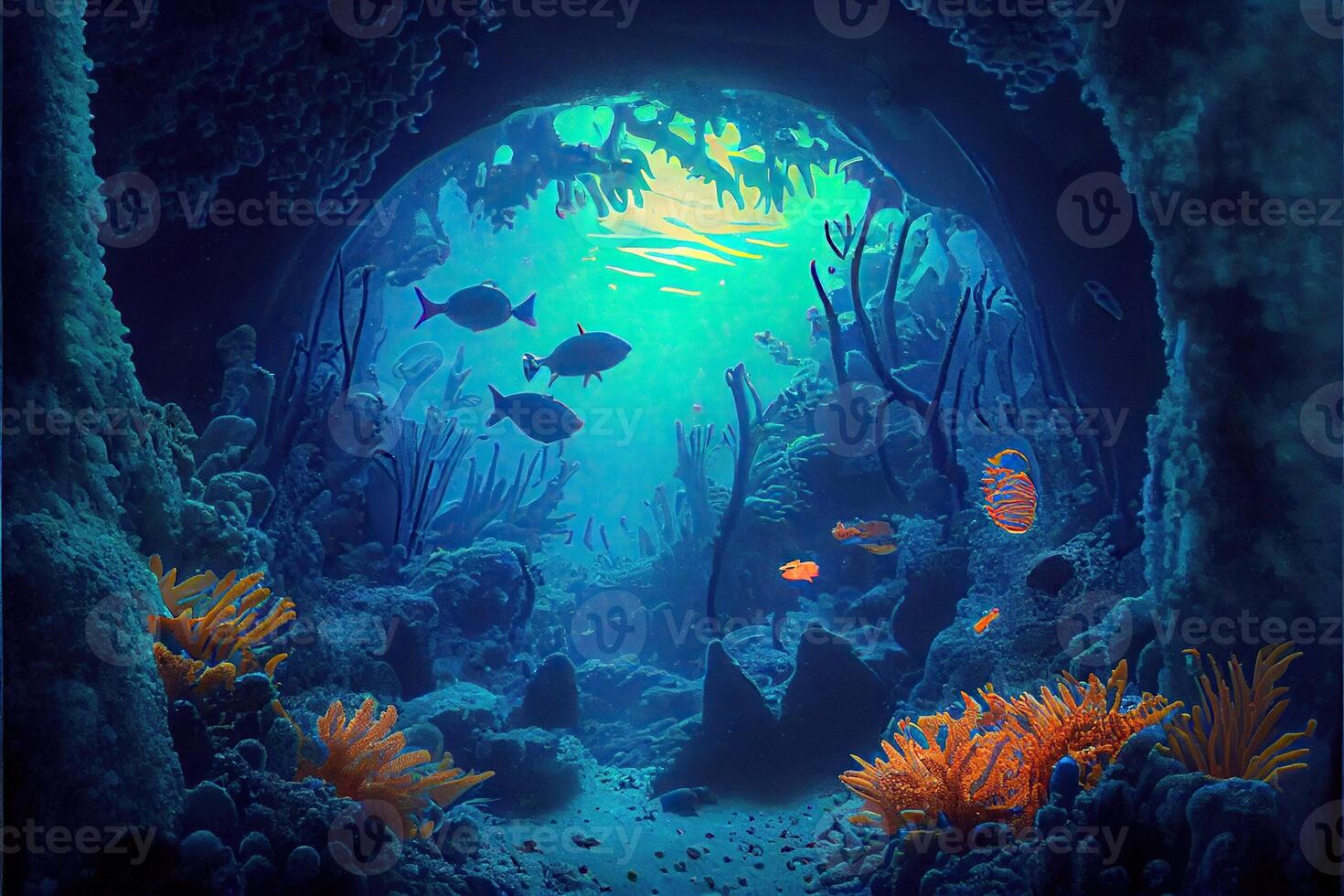 illustration of underwater world at the depth of the ocean. Underwater gorges and tunnel, organisms and fish. Underwater deep world, sea darkness, algae glow, blue neon, corals. photo