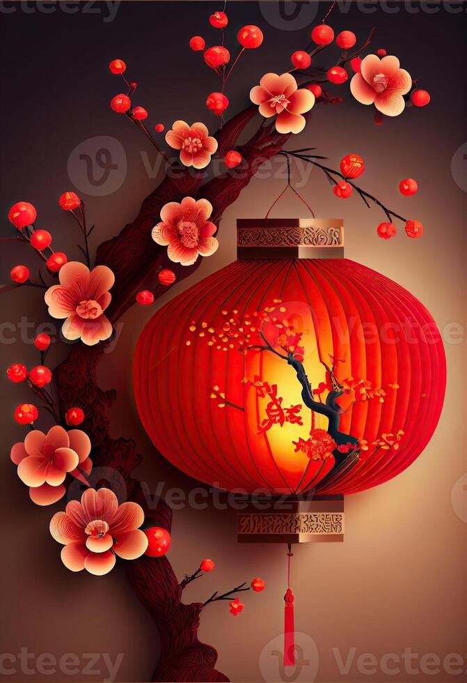 illustration of Chinese traditional red festival background with a chinese red plum blossom, lantern, spring festival, new year, chinese traditional culture element photo