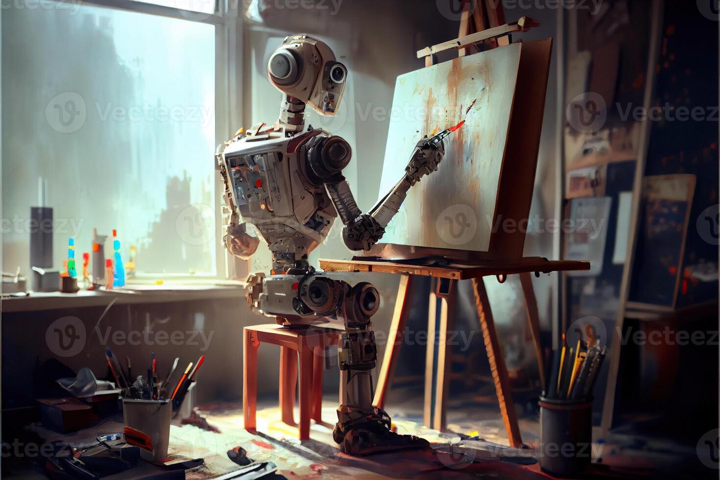 illustration of Cyborg Ai robot artist in dark studio next to his easel, painting and paints while working, neural network generated art. Digitally painting, generated image. photo