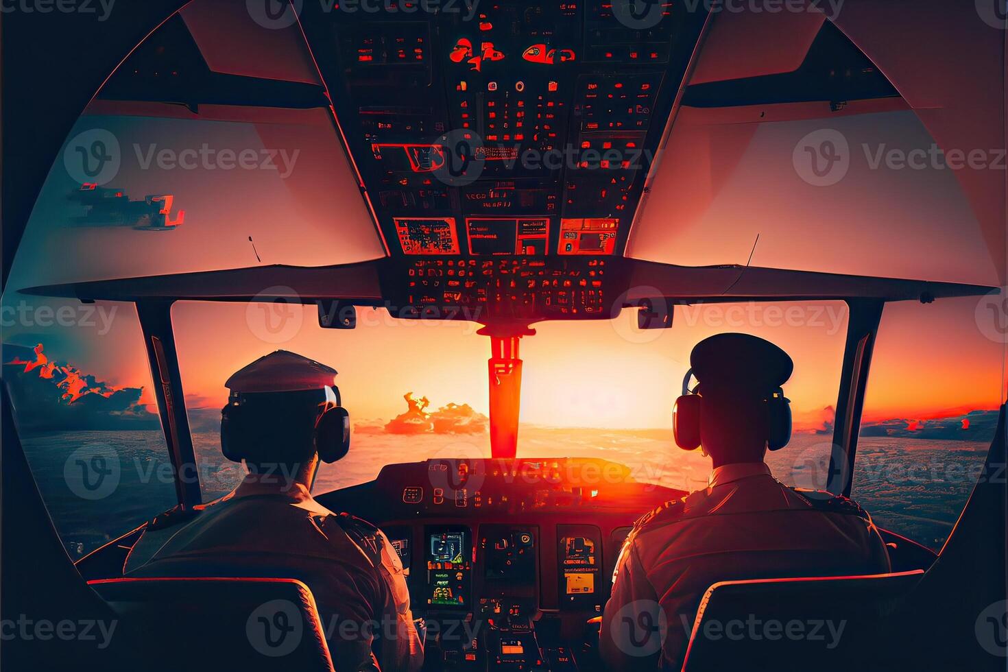 illustration of aircraft flight deck. The pilots at work. View from airplane cockpit photo