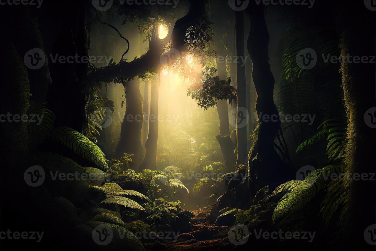 illustration of Dark rainforest, sun rays through the trees, rich jungle greenery. Atmospheric fantasy forest photo