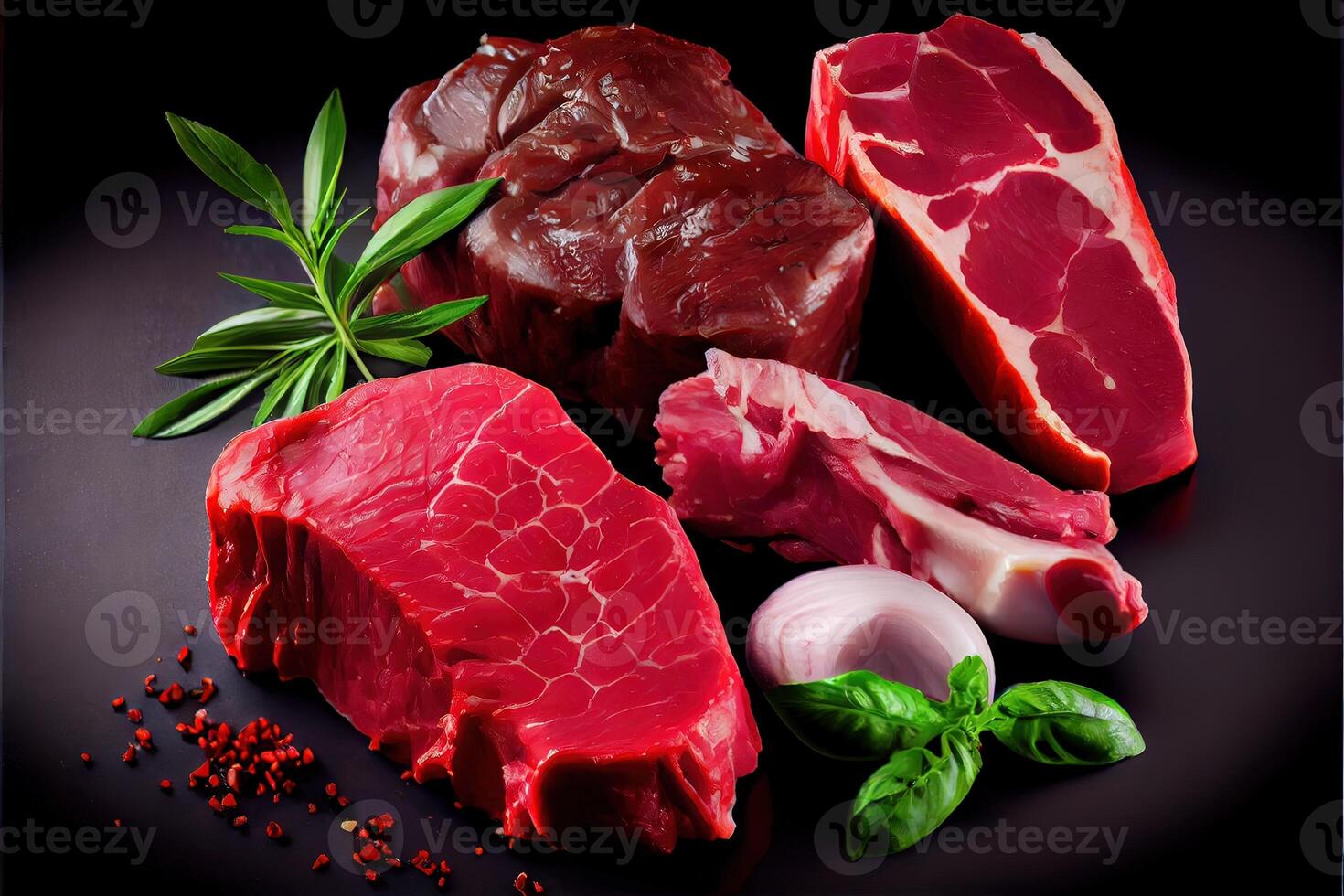 illustration of variety of raw beef meat steaks for grilling with seasoning and utensils, assorted raw beef meat, fresh raw beef steaks on wooden board photo