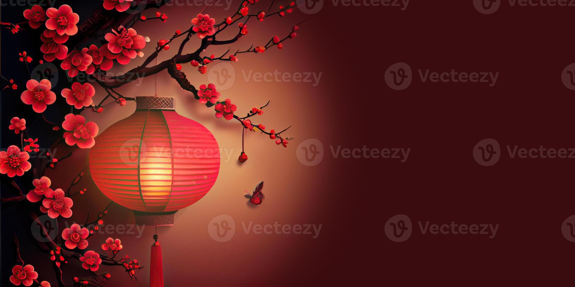 illustration of Chinese traditional red festival background with a chinese red plum blossom, lantern, spring festival, new year, chinese traditional culture element photo