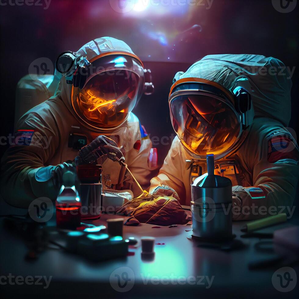 generativo ai ilustración de astronautas con espacio cascos mezcla destilados en laboratorio, vape cartuchos foto