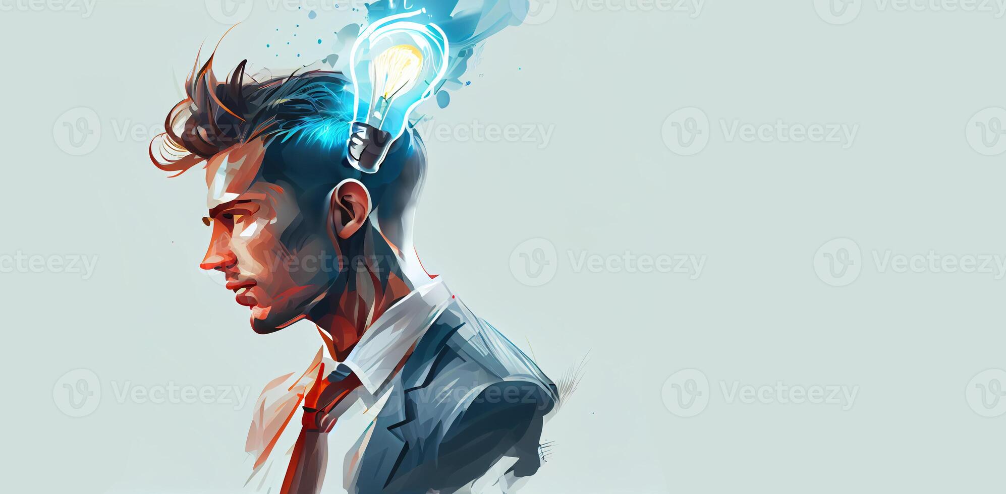 illustration of creative and emotional man an light bulb on light background. Business idea. photo