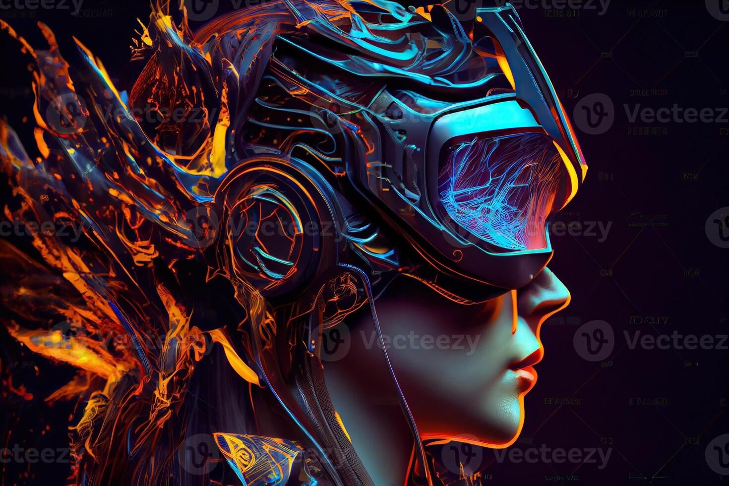illustration of Metaverse concept and virtual world elements. Side view of human face in augmented or virtual reality headset inside the metaverse photo