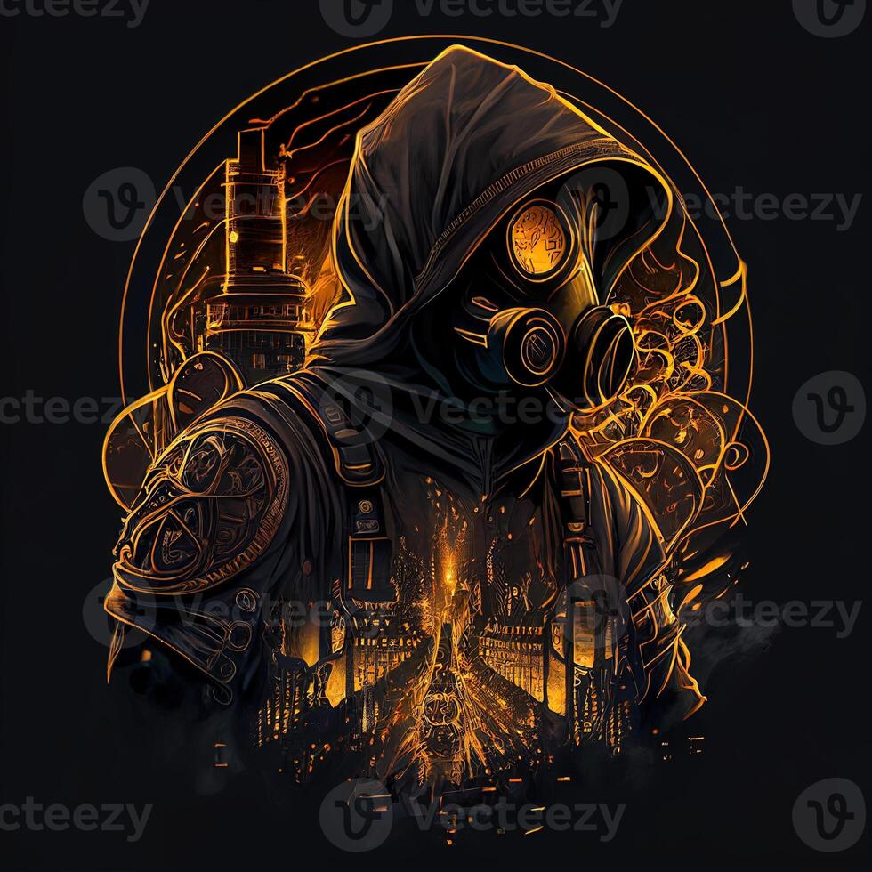 illustration of cyberpunk bio hazard protective suit with a industrial smoke, pollution, centered inside intricate gold and fire circle of city and skyscrapers photo