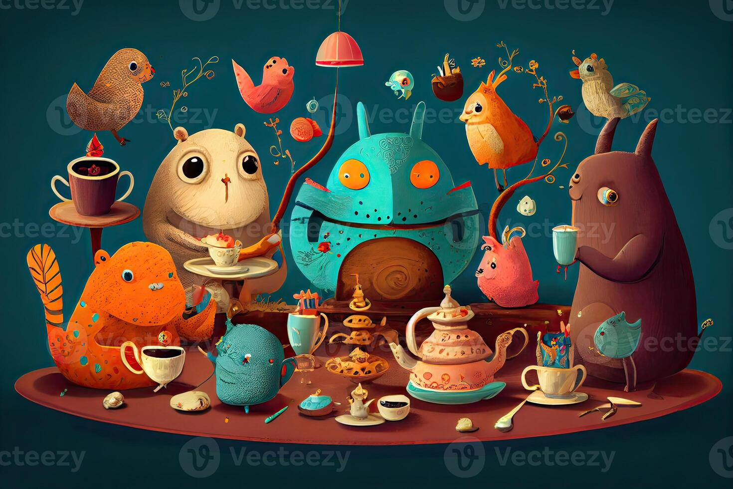 illustration of a whimsical tea party scene with a variety of talking animals and characters, in a colorful and playful style in wonderland photo