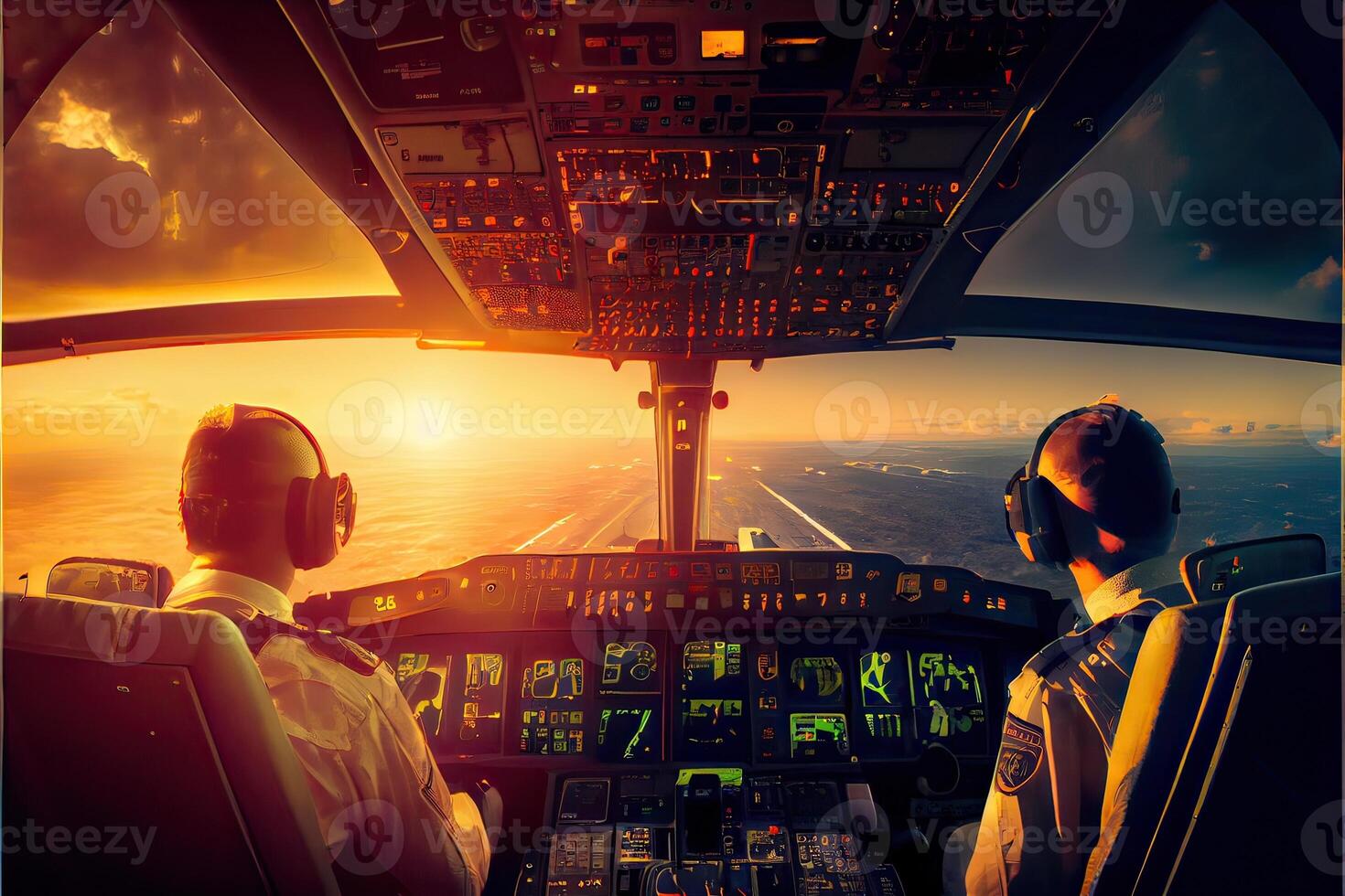 illustration of aircraft flight deck. The pilots at work. View from airplane cockpit photo