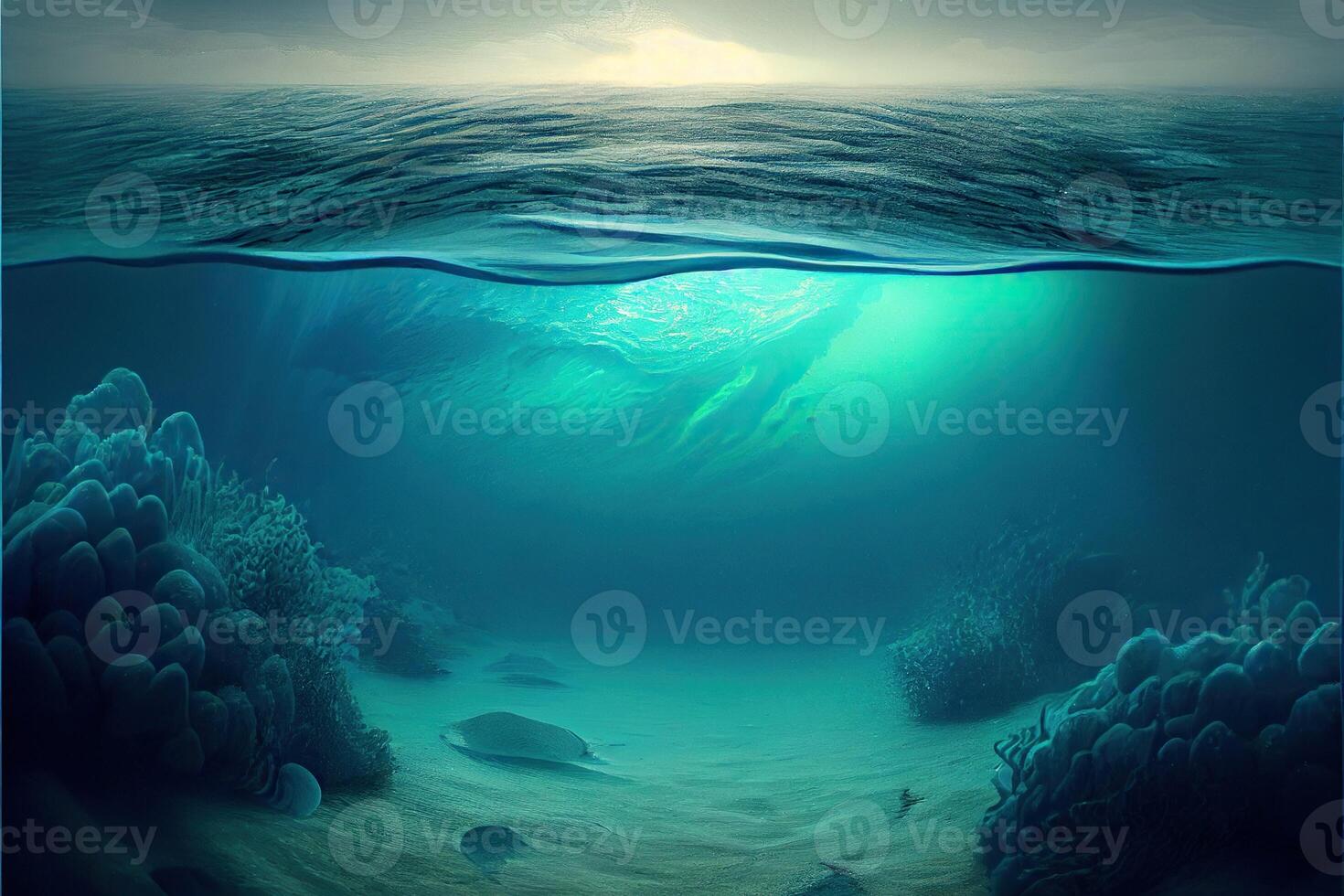 illustration of Ocean depth. Underwater empty landscape, ocean bottom, sea wave photo