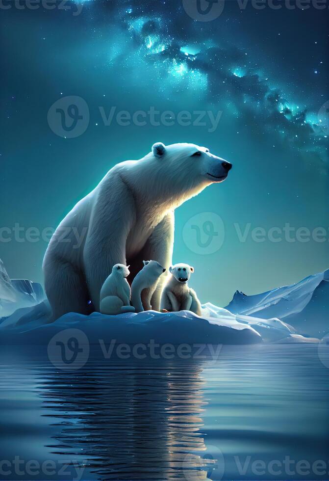 illustration of family white bear on iceberg, aurora sky photo