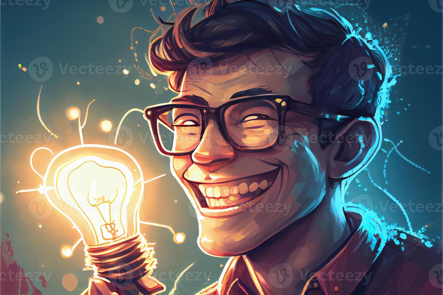 illustration of creative and emotional man an light bulb on light background. Business idea. photo