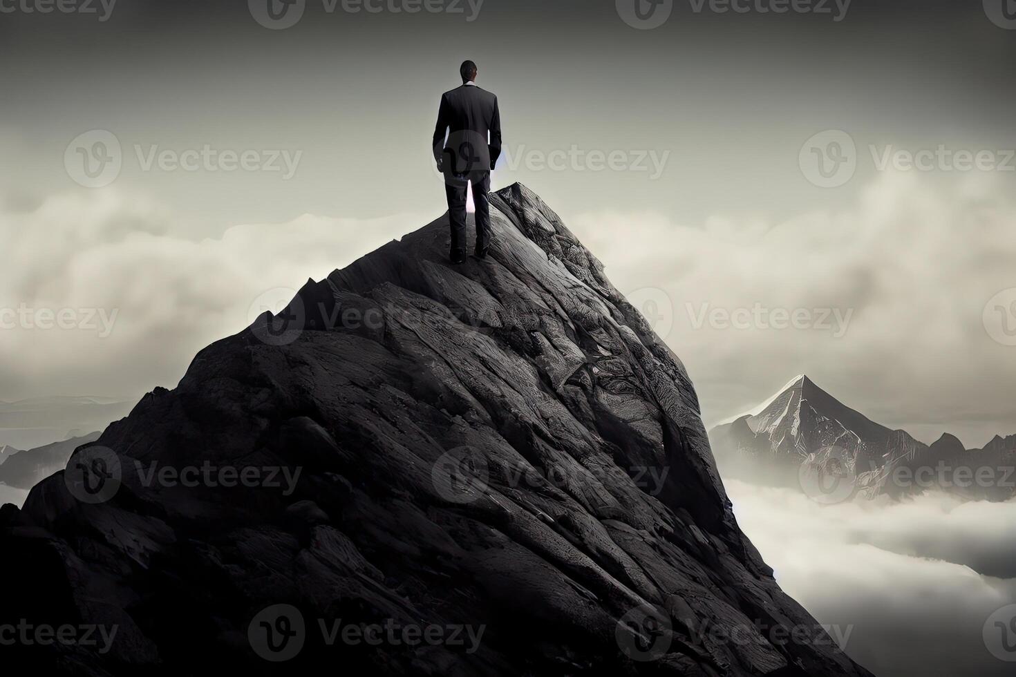illustration of a lonely business man on top of the mountain photo