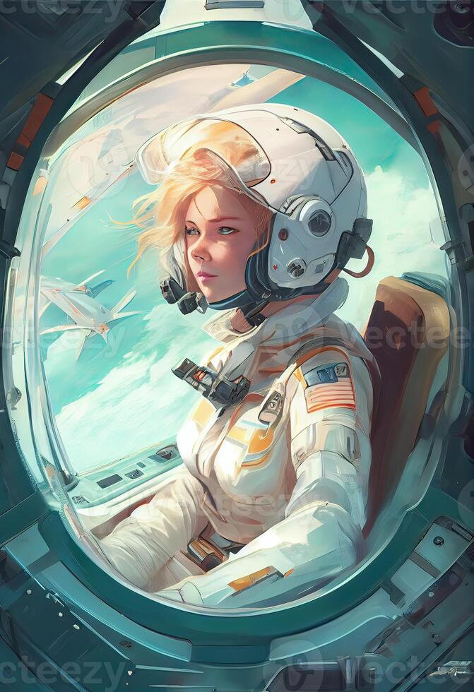 generativo ai ilustración de el niña es el capitán de un astronave, un blanco traje espacial, un panel, un enorme porta foto