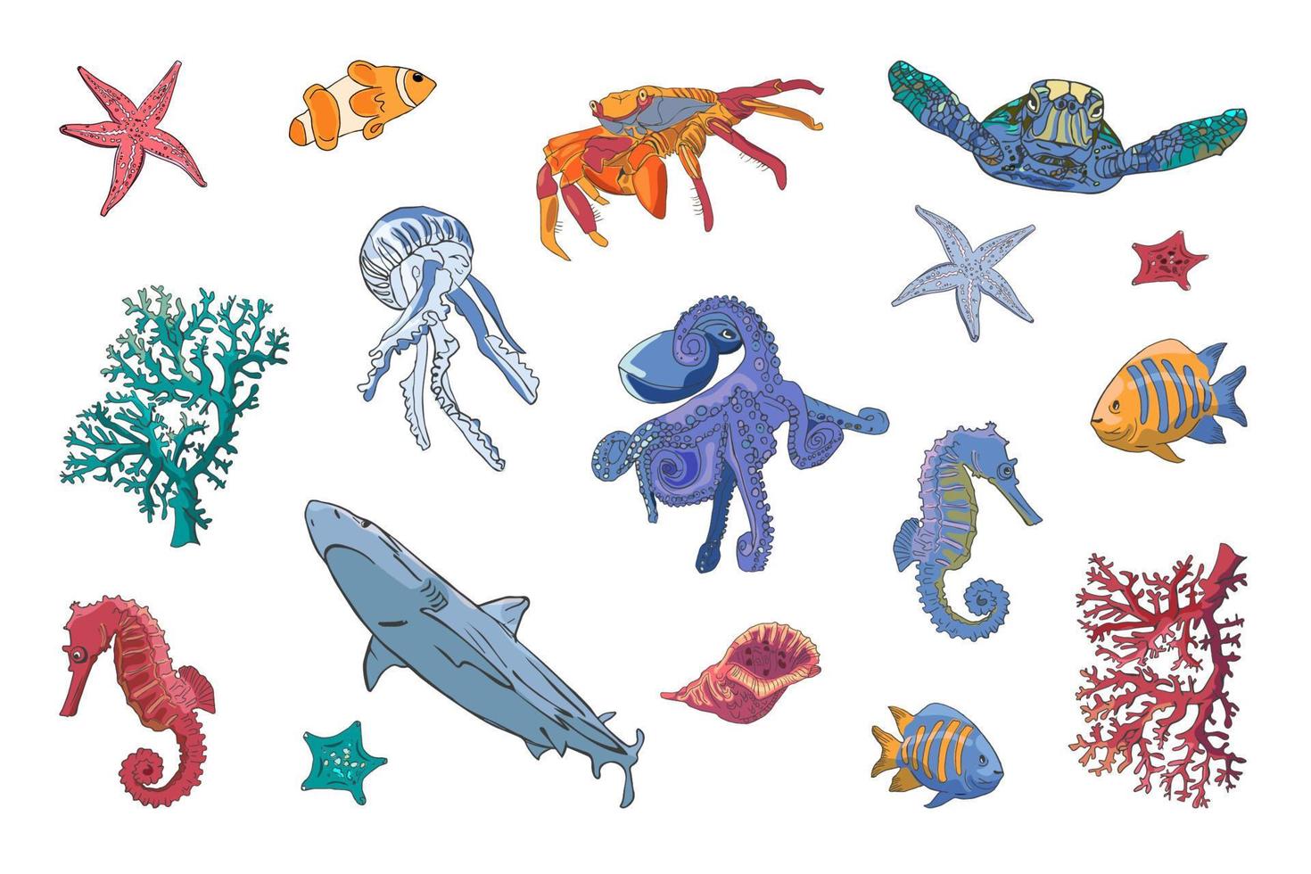 A set of marine life fish, octopuses, crabs, seahorses, algae, sharks, jellyfish, turtles, shells, starfish.   Collection of isolated colorful vector illustrations, hand contour drawing.