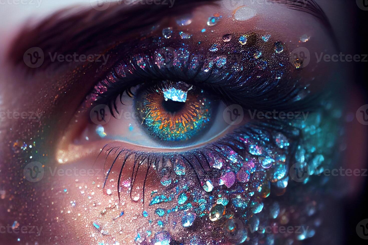 illustration of beautiful female eyes with carnival glass sparkly eyeshadow. Close focus. photo