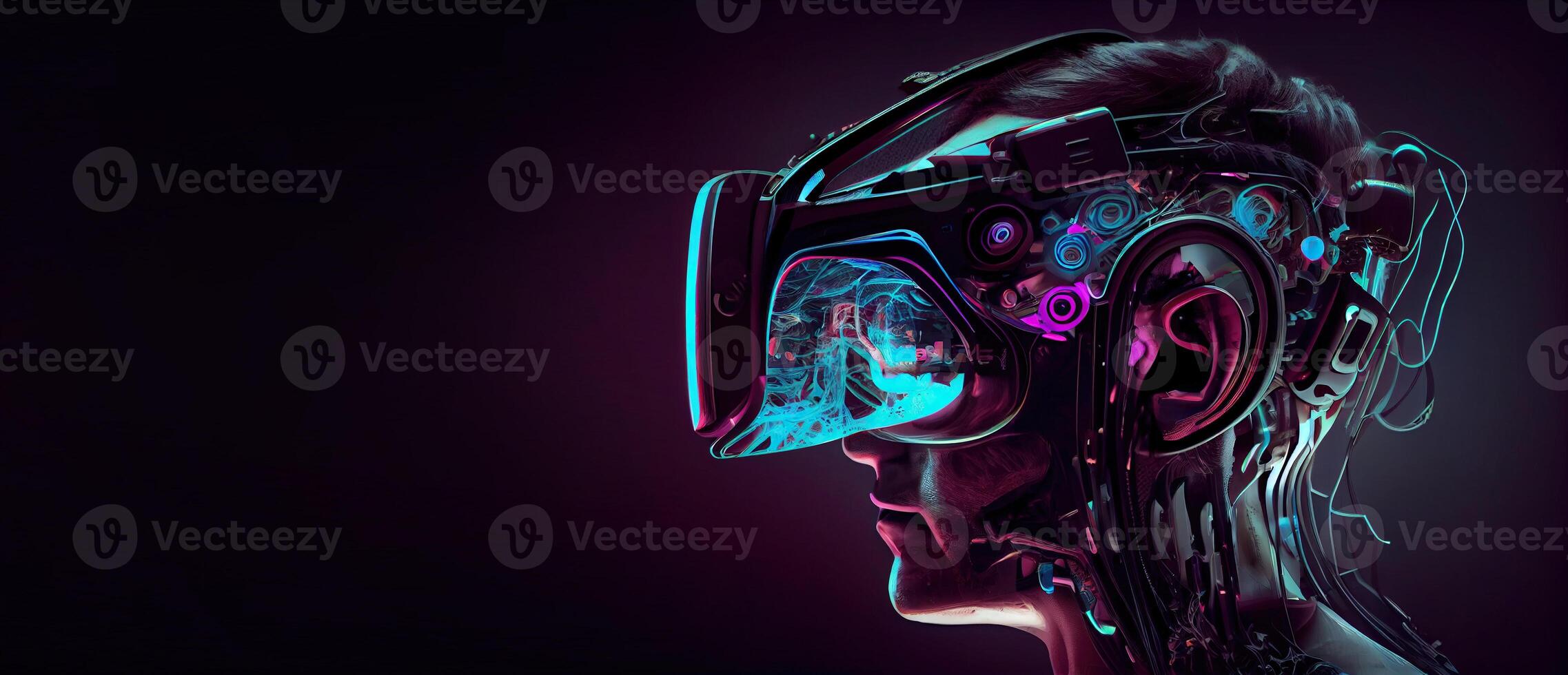 illustration of Metaverse concept and virtual world elements. Side view of human face in augmented or virtual reality headset inside the metaverse photo