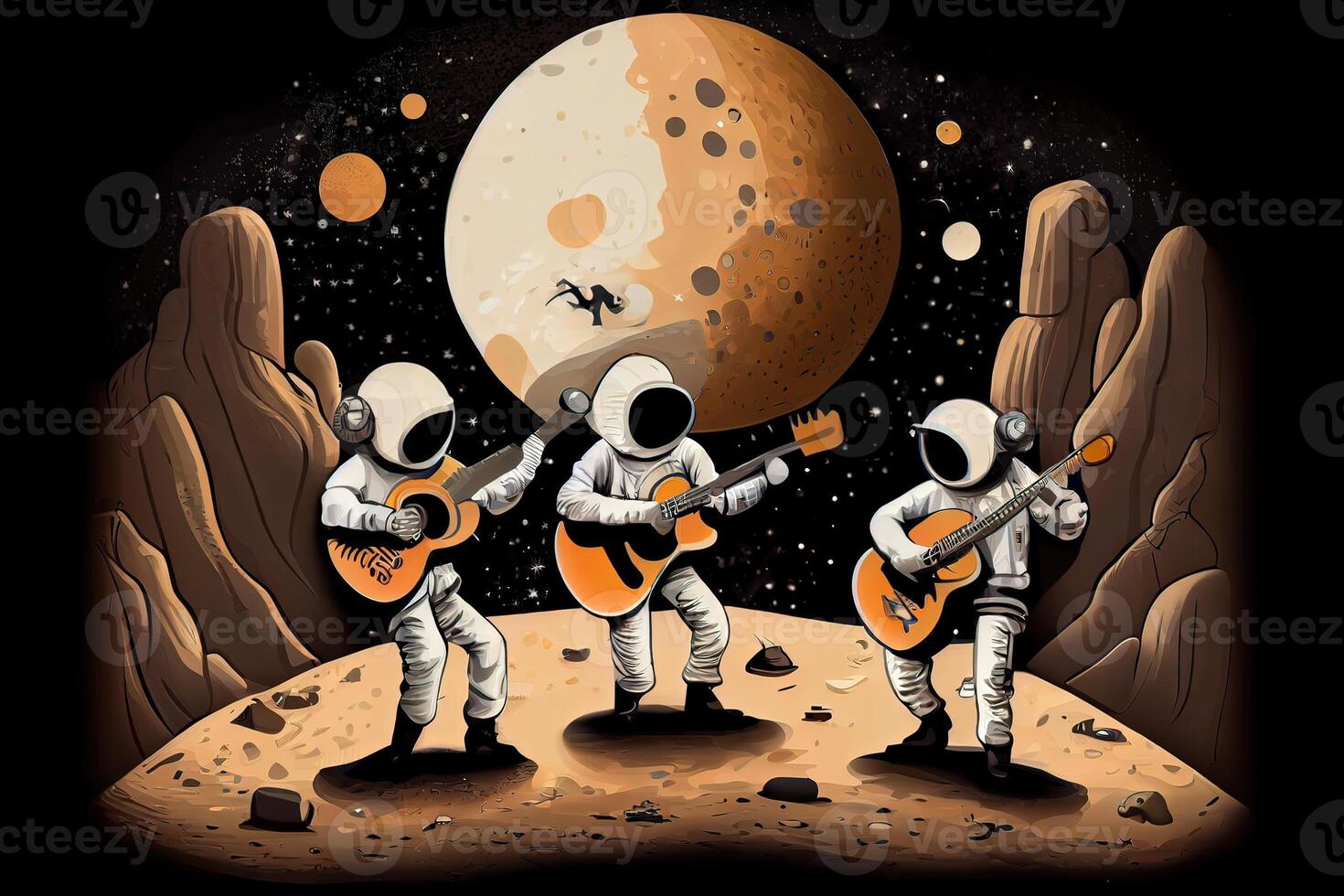 illustration of a trio of astronauts making music on the lunar surface photo