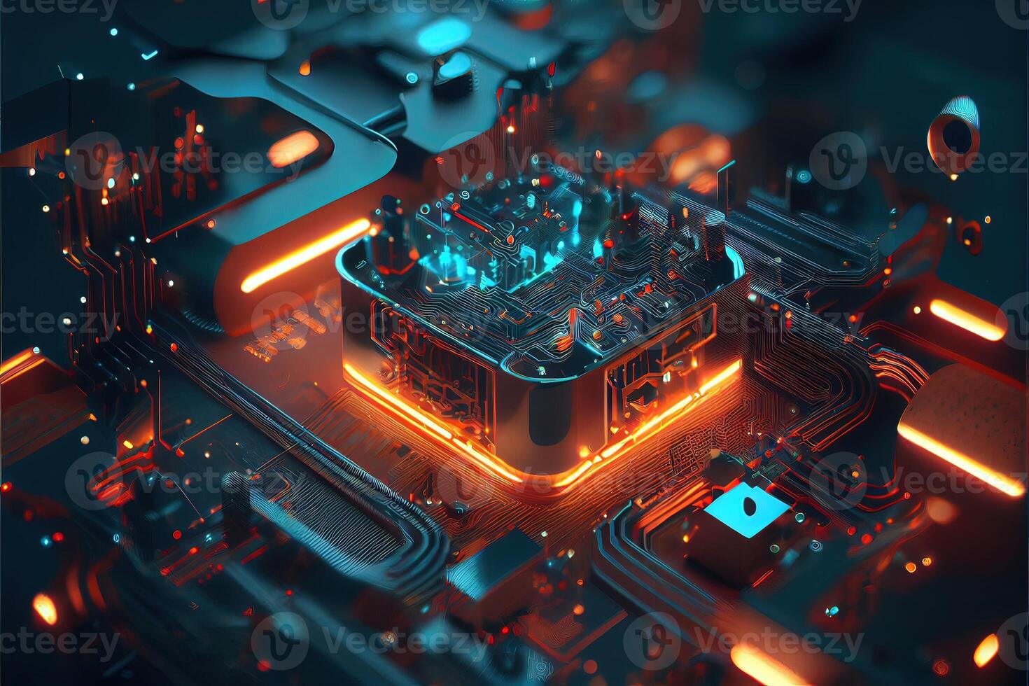 illustration of macro shot of circuit cyberspace board with computer motherboard component microchip with chip structure. Neural network generated art. photo