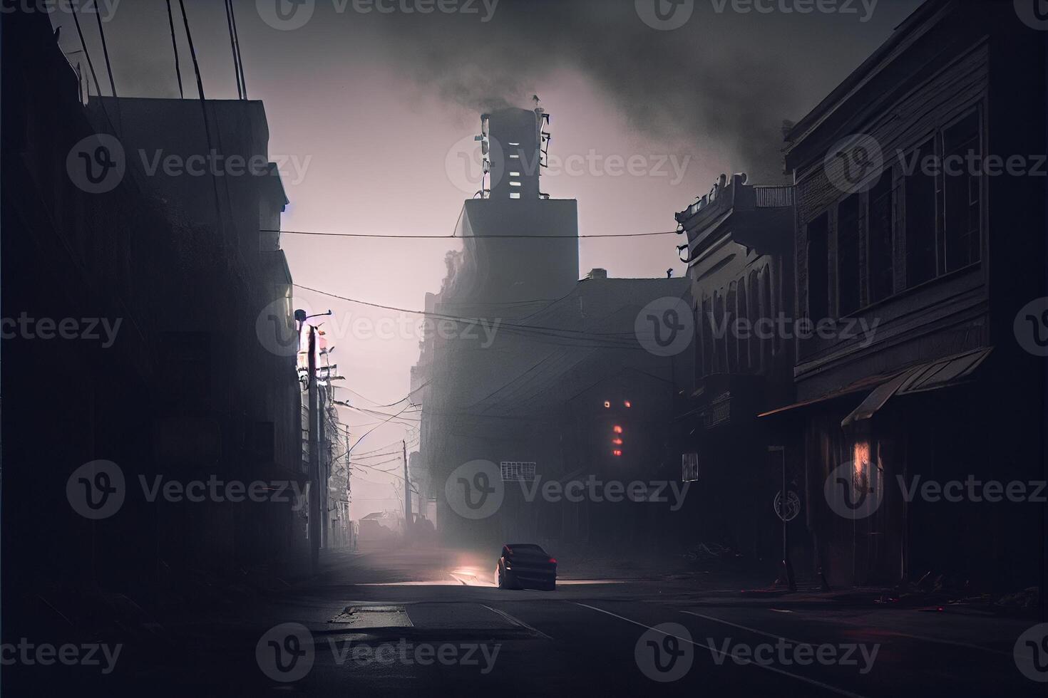 illustration of Dark gloomy empty street with smoke, smog photo