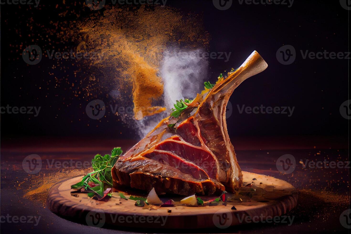 illustration of freshly grilled tomahawk steaks on wooden cutting board, superbly delicious tomahawk steak, barbecue photo