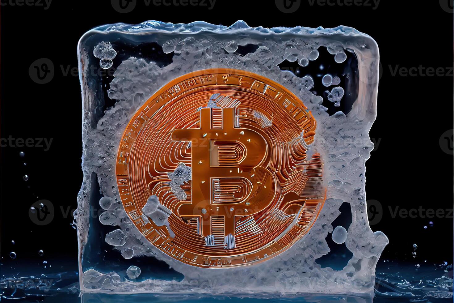 illustration of frozen bitcoin, cold and snow. Bit coin symbol in ice and snow photo