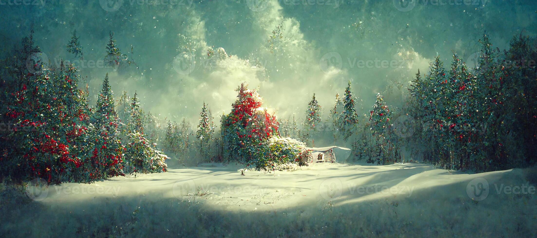 illustration of christmas decorated green spruce trees in winter forest, Abstract fantasy festive christmas tree, winter abstract landscape. Sunlight in the winter forest. Digital art. photo