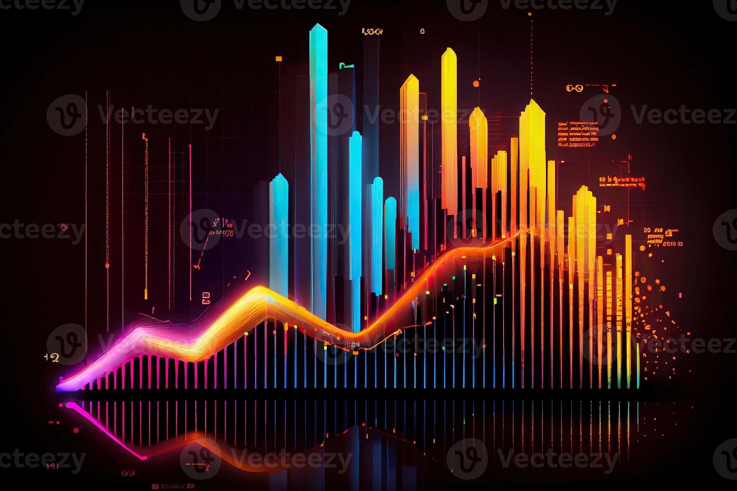 illustration of crypto market data, chart, silhouette crypto currency market, isometric, colorful gradient background photo