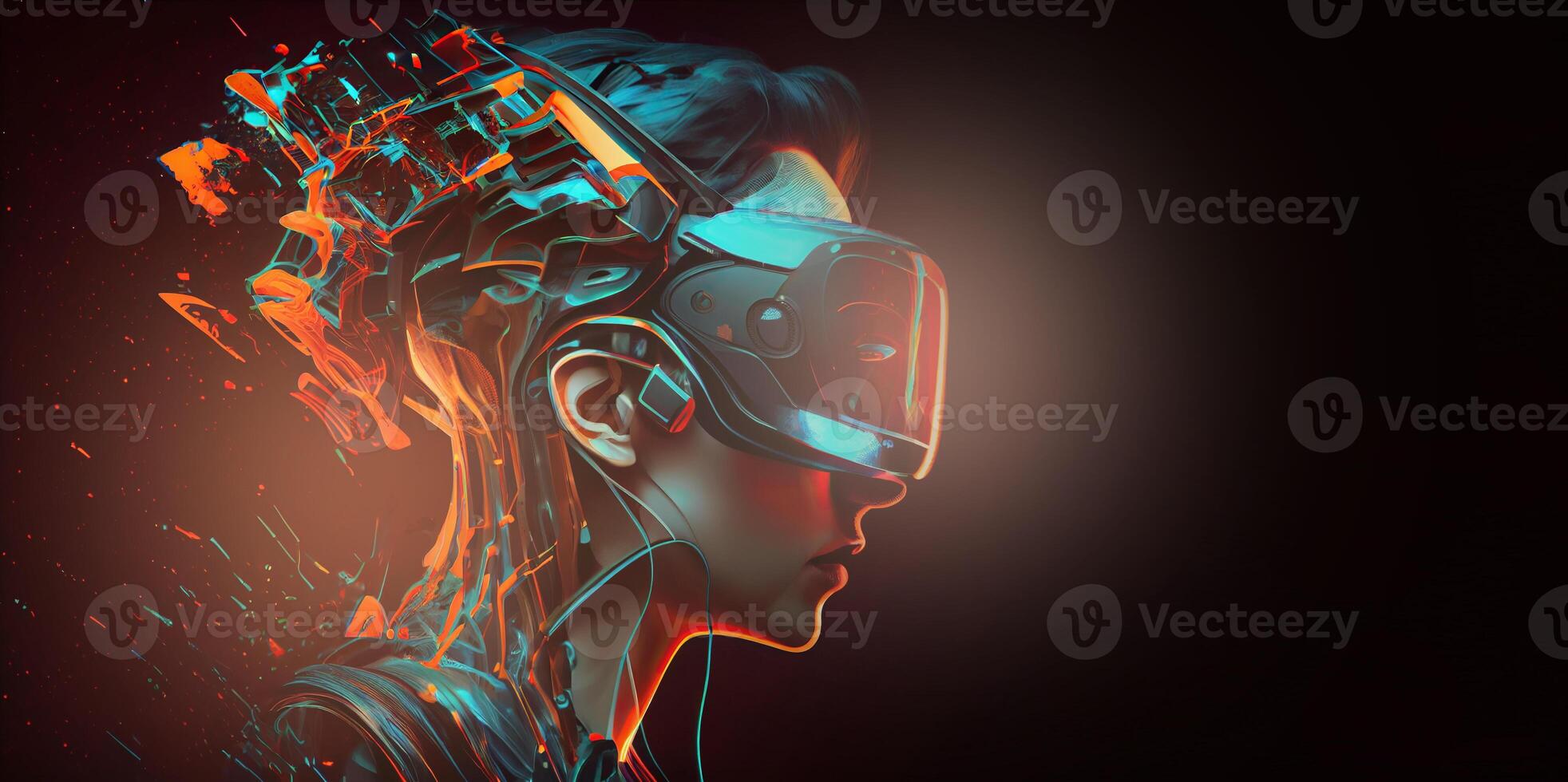 illustration of Metaverse concept and virtual world elements. Side view of human face in augmented or virtual reality headset inside the metaverse photo