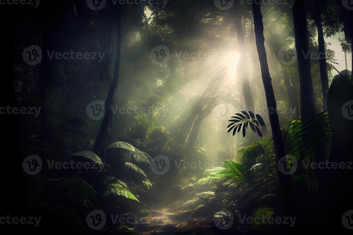 illustration of Dark rainforest, sun rays through the trees, rich jungle greenery. Atmospheric fantasy forest photo