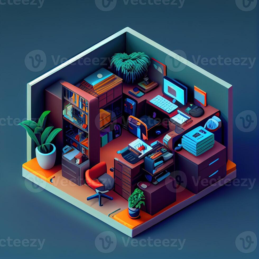 illustration of Office on smart phone, isometric diorama, land plot, pop color, colorful. Digitally generated image photo