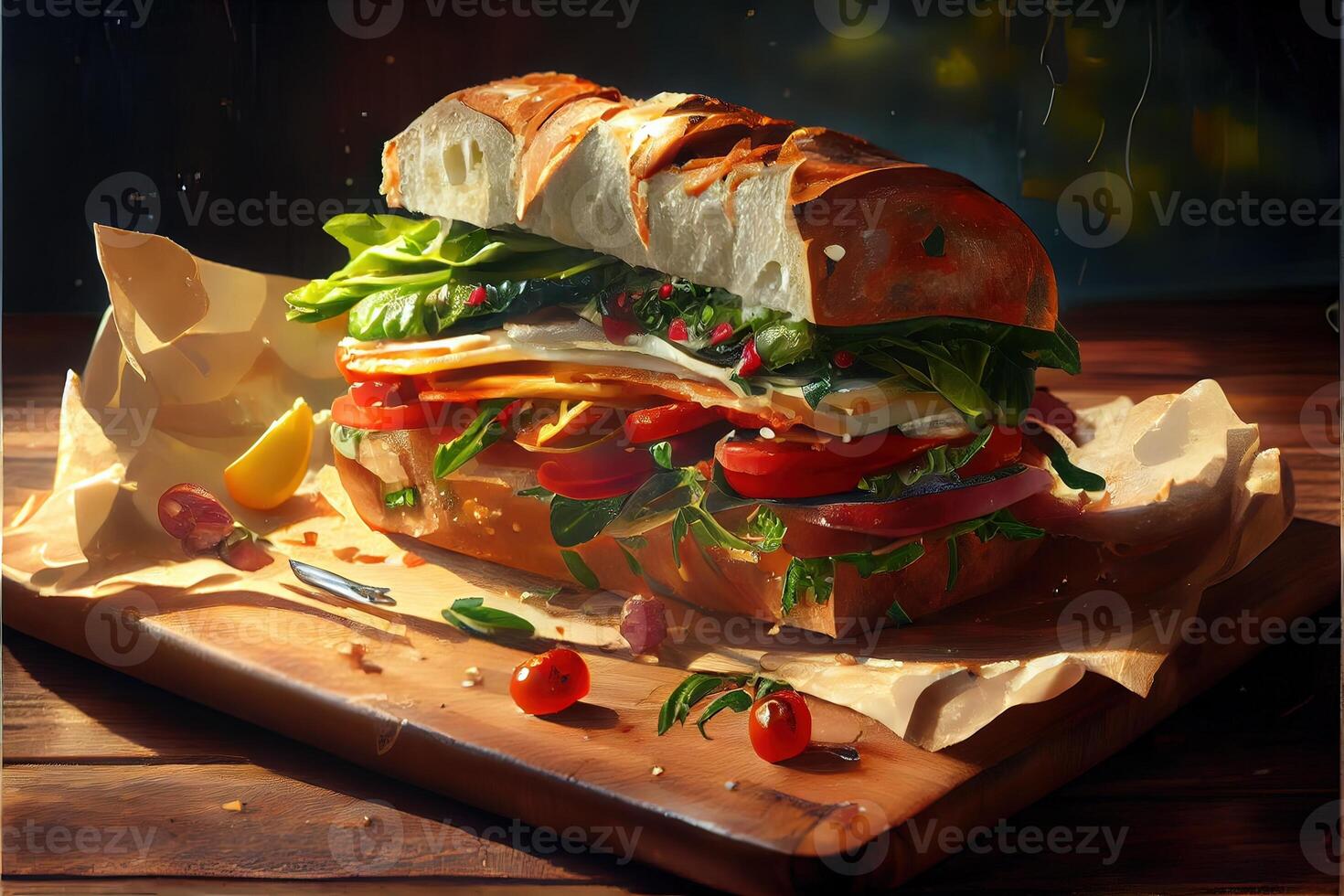 illustration of luxury italian sun sandwich, sitting on a wood board in a small Italian deli photo