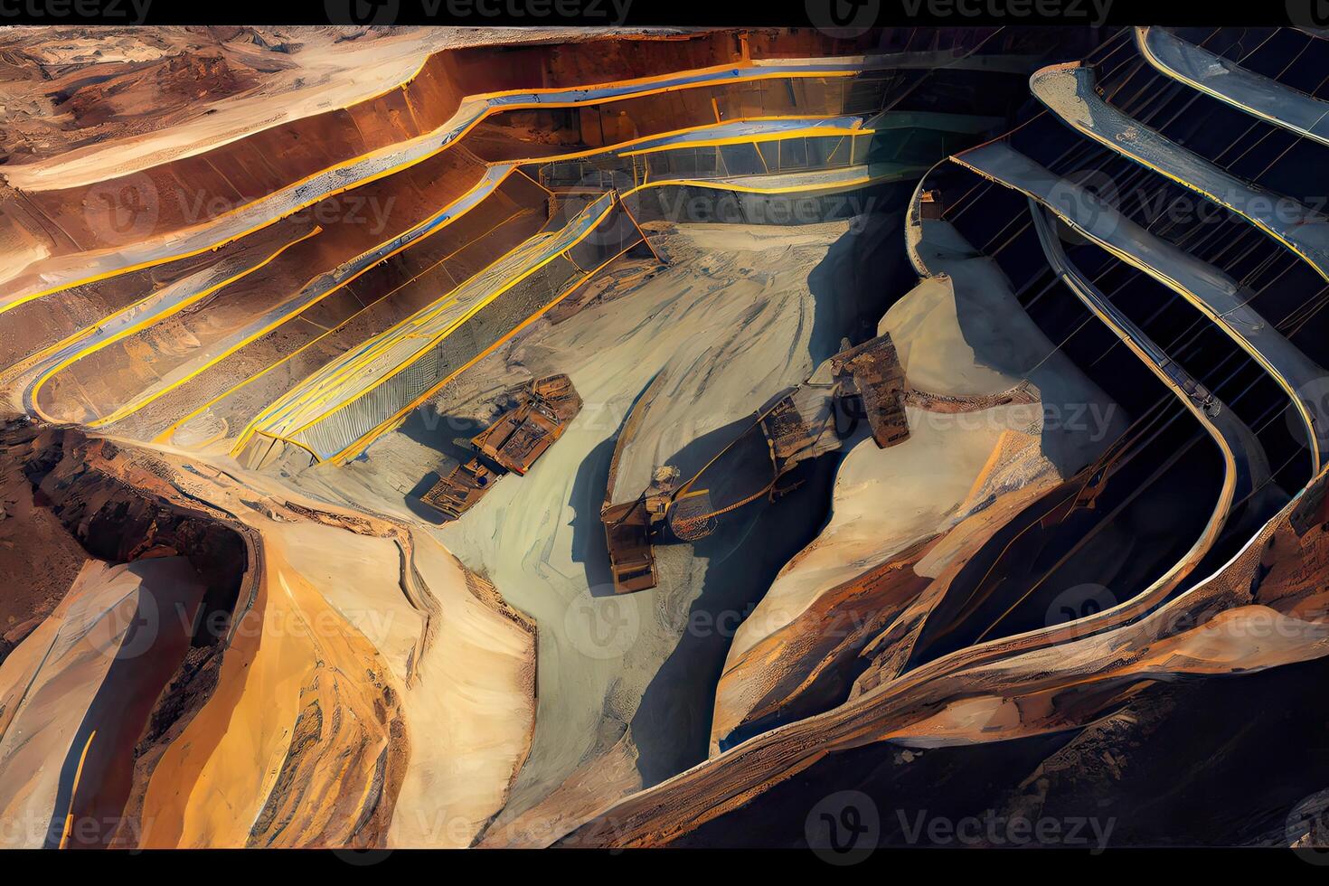 illustration of an aerial panorama of an anthracite coal mine, showcasing a big yellow mining truck collecting rocks in an open pit mine photo