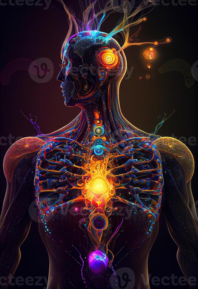 illustration of higher, yoga relax chill out dmt visions spirit. 7 colored chakras meditation DMT hallucinations. Multiverse connected through a nervous system - trippy psychedelic photo
