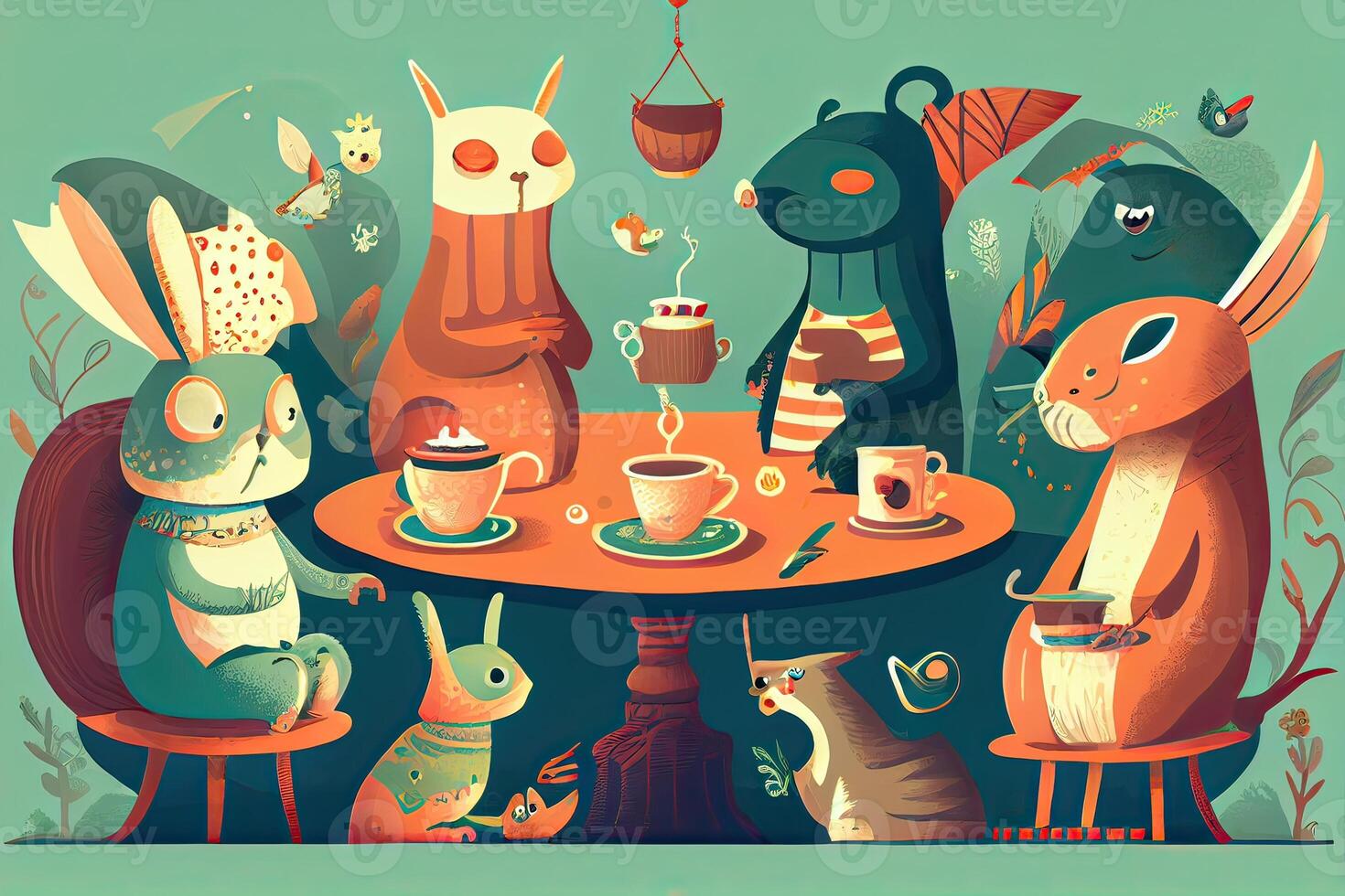 illustration of a whimsical tea party scene with a variety of talking animals and characters, in a colorful and playful style in wonderland photo